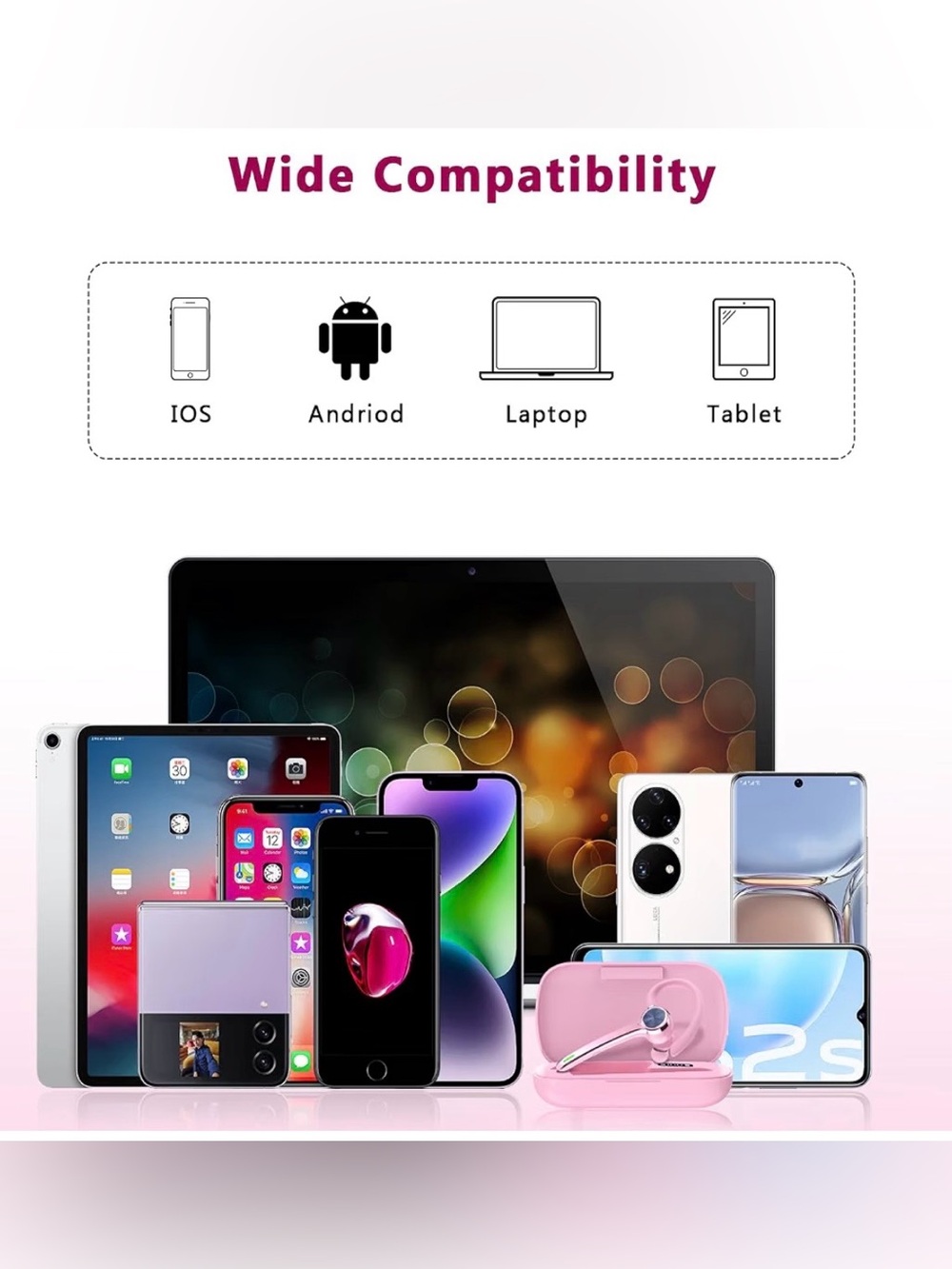 HEIBAS Bluetooth 5.1 Wireless Headset w/ Mic & Charging Case โ Pink โ 72H Playti - Picture 9 of 9